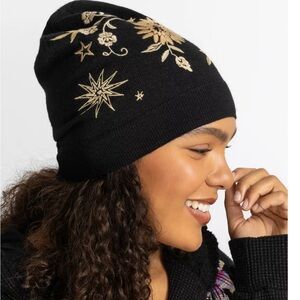 Johnny Was Black Beanie with Gold Embroidered Stars & Florals